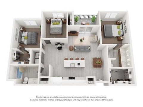 Floor plan for 3 beds, 2 baths, 1296 sqft